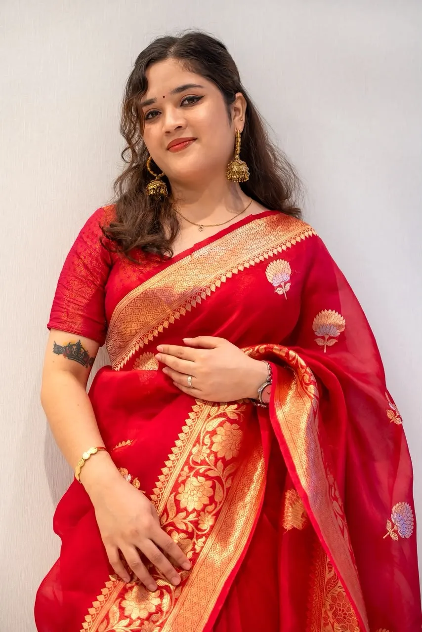 Crimson Banarasi Saree with Zari Butis