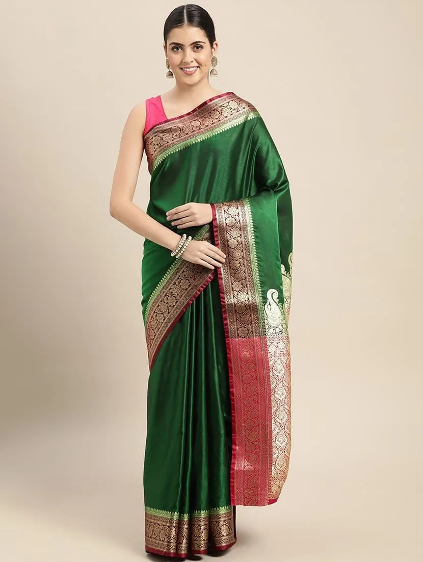 Emerald Banarasi Saree with Pink Zari Border