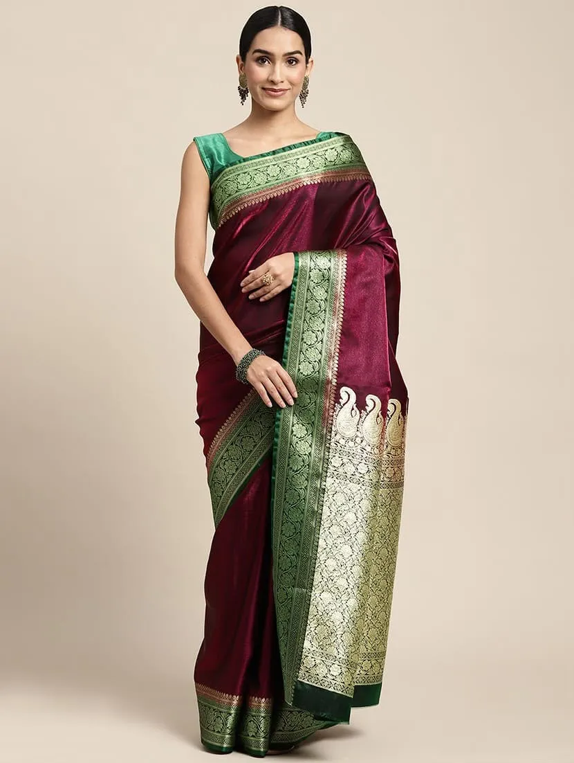 Wine Banarasi Saree with Emerald Zari Border